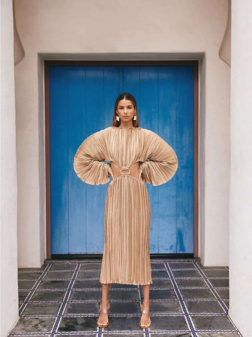 cult gaia Beige Pleated Midi Dress with Statement Balloon Sleeves